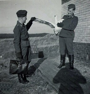 Twee soldaten tijdens het eerste jaar van de oorlog. De gekochte of gevangen gans wordt getoond en zal wellicht als maaltijd zijn opgediend. (foto 15 november 1940)