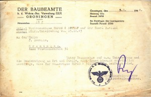 Brief uit 1944 waarin de Baubeamte te Groningen aan de heer J. Bouwman te Groningen mededeelt dat een zomerhuis niet door de Duisters gebruikt zal worden.