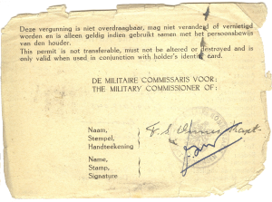 Vergunning reizen naar Ameland aan fa. Bouwman in juli 1946