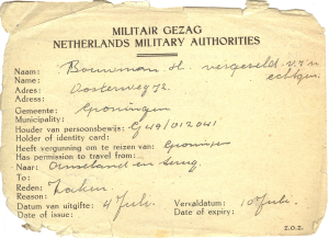 Vergunning voor reizen naar Ameland verleend door het Militair Gezag in juli 1946