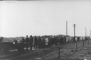 Overbrengen van de op Ameland begraven Franse en Marokkaanse soldaten naar de Franse begraafplaats in Zeeland. De lichamen spoelden in de laatste week van juli 1940 aan op het strand van Ameland. De soldaten sneuvelden in mei bij Duinkerken. (foto 15 augustus 1949)