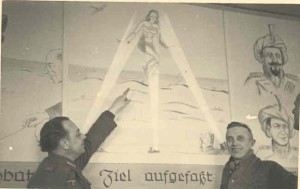 Duitse tekening op de muur in de eetzaal van het hoofdgebouw van de Flak Batterie te Hollum. Het gebouw is na de oorlog in gebruik genomen als jeugdherberg. (foto 16 april 1943)
