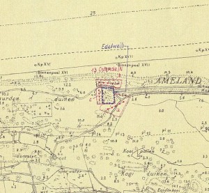 Overzichtskaart van de Duitse mijnenvelden in de duinen bij de Bureblinkert. (foto 29 oktober 1943)