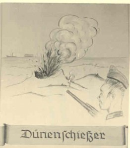 Deze tekening met opschrift "Dunenschiesser" hing in het hoofdgebouw van het Hoofdkartier van de Flak Batterij bij Hollum. (foto 25 april 1944)