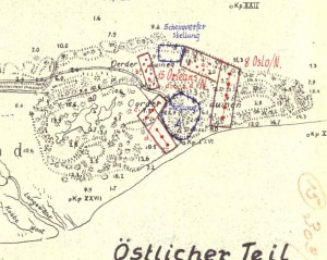 Overzichtskaart van de oostkant van het eiland, het Oerd, met aangegeven de schijnwerperstelling en mijnenvelden. (foto d.d. 15 december 1943)