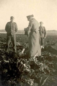 Een Duitse officier toont veel belangstelling voor de brokstukken van de op 19 februari 1943 op het Neerlands Reid neergestorte bommenwerper Short Stirling III BF457 LS-B. Drie van deze toestellen werden die nacht door een Duitse nachtjager neergeschoten.